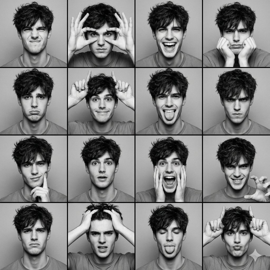 Profile / Avatar - Black and White Photobooth Expression Grid (4x4) — output 1