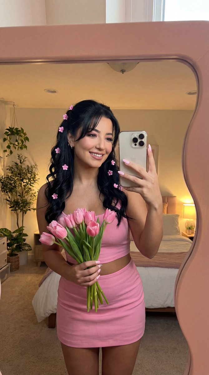 Profile / Avatar - Coquette Mirror Selfie with Pink Flowers and Identity Lock — output 1