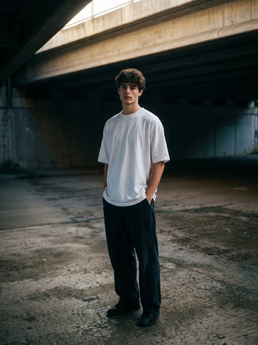 Profile / Avatar - Moody urban portrait under a concrete overpass — output 1
