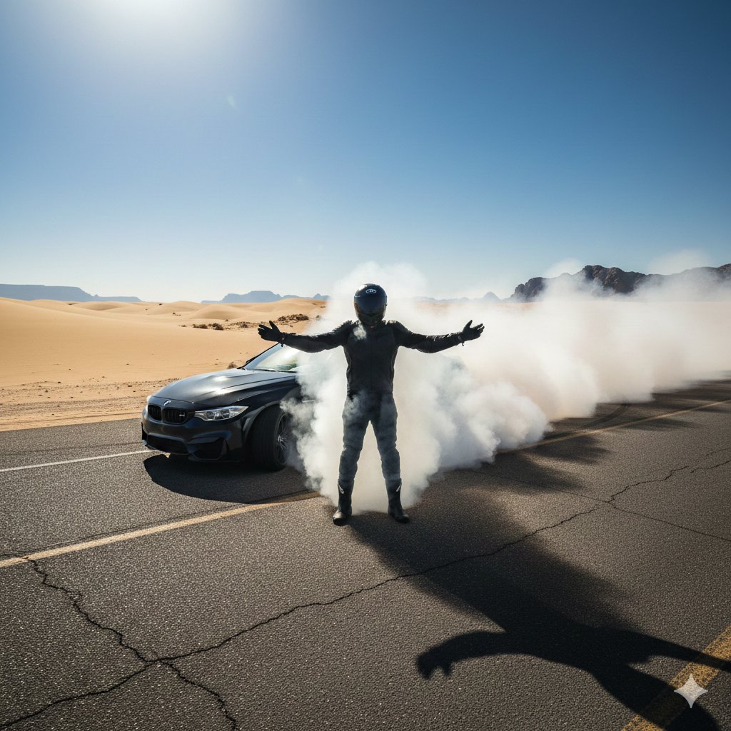 Cinematic Desert Drifting Scene with Batman-like Figure — output 1