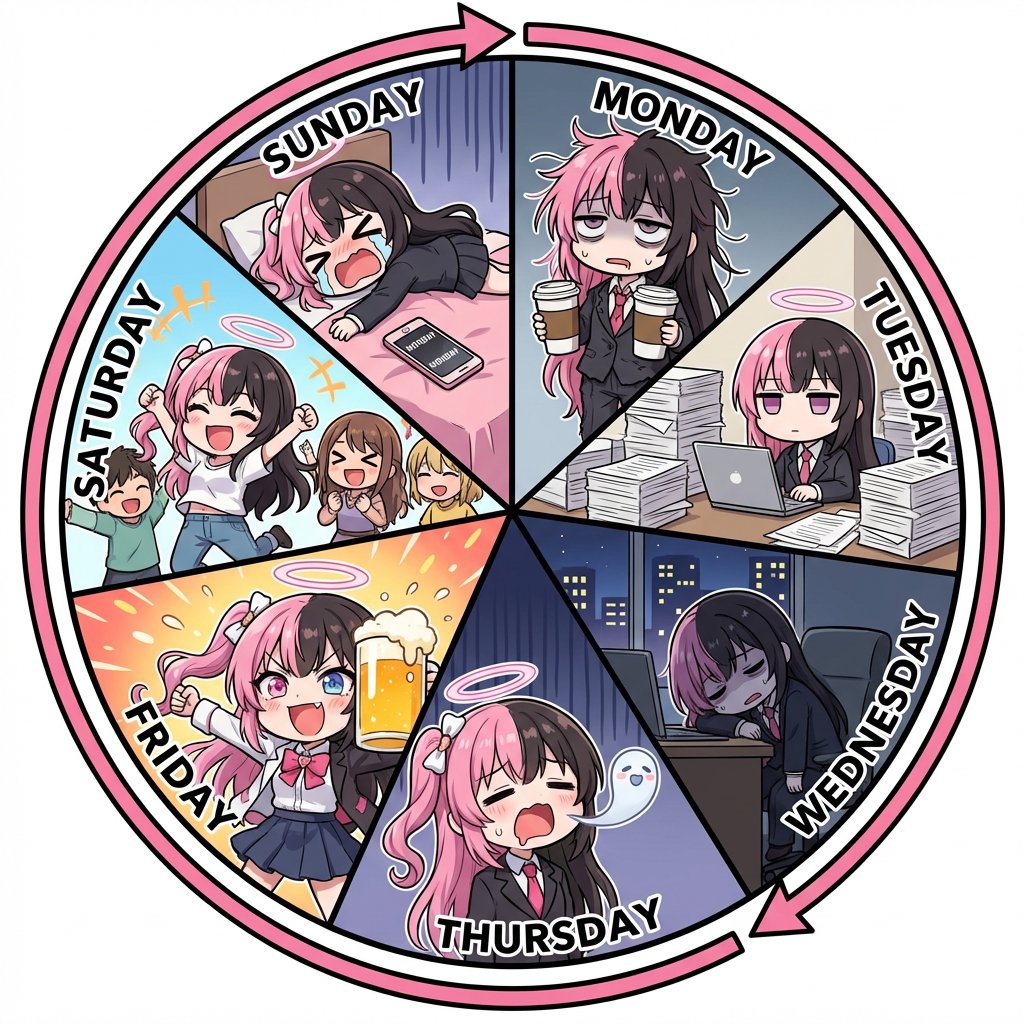 Infographic / Edu Visual - Infographic prompt for 'Monday to Sunday' infinite loop manga — output 1