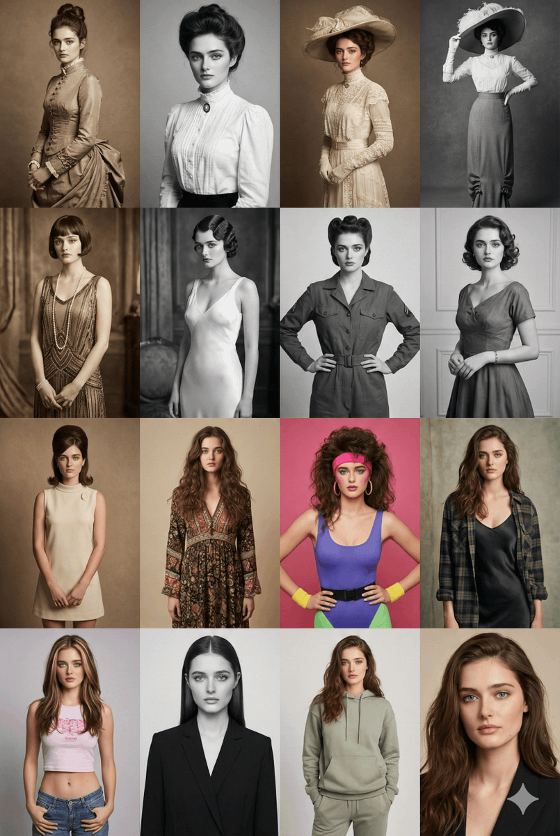 Infographic / Edu Visual - 16 Decades of Fashion Portrait Grid Prompt — output 1