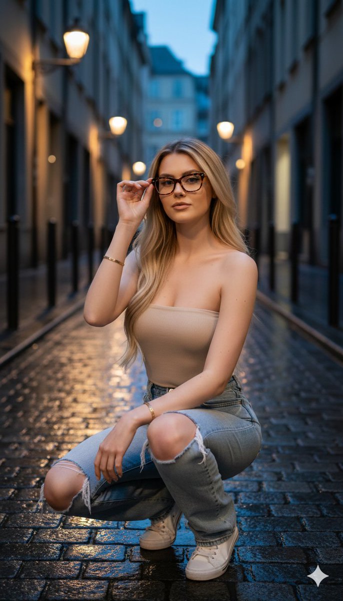 Hyper-realistic twilight portrait in a European alleyway — output 1