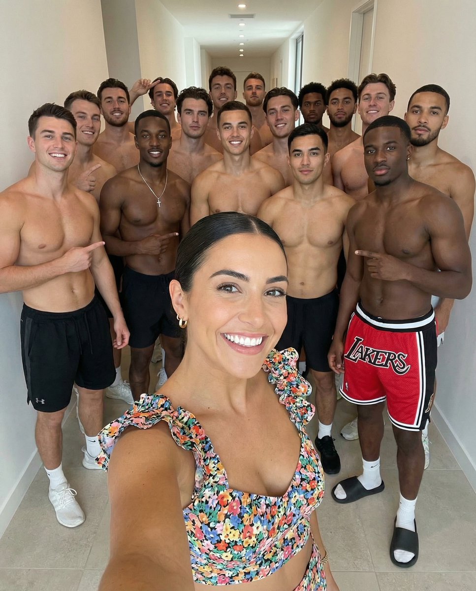 Social Media Post - High-Angle Selfie with Group of Shirtless Men — output 1