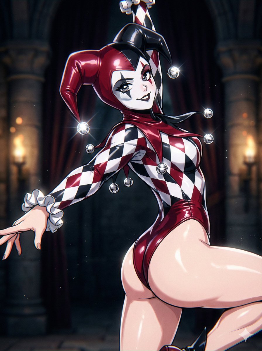 Social Media Post - Flash-Lit Jester-Girl Editorial Anime — output 1