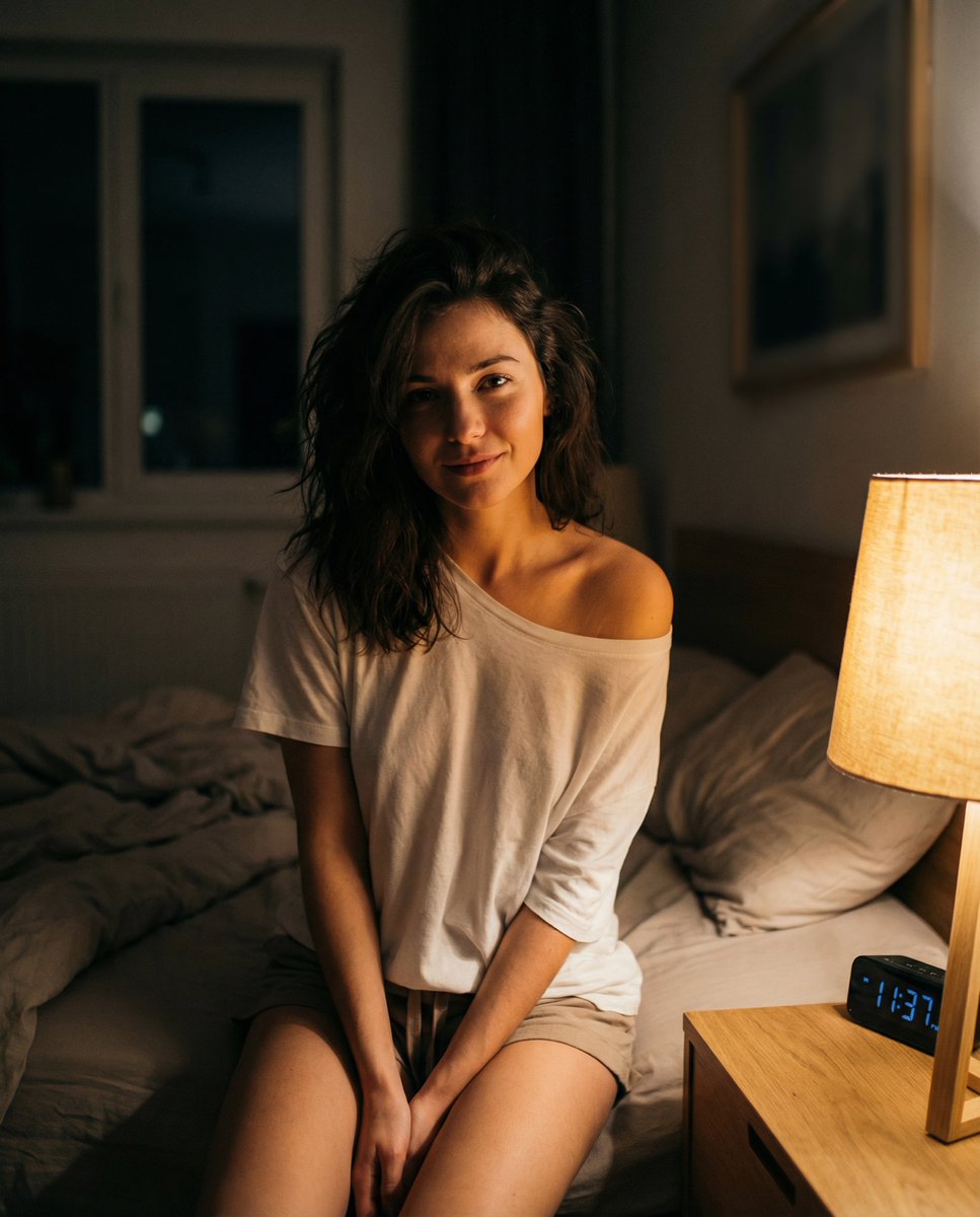 Profile / Avatar - Intimate Nighttime Bedroom Portrait (iPhone Style) — output 1