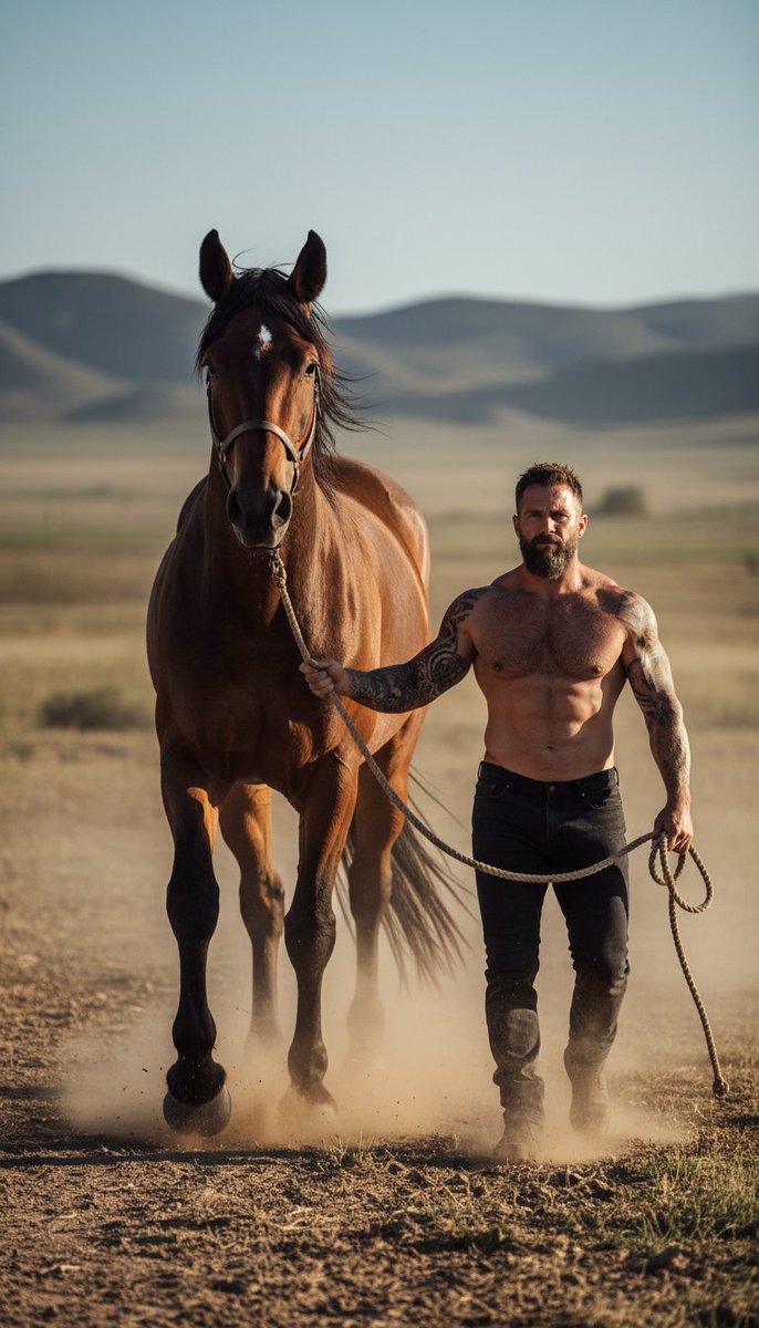 Product Marketing - Hyper-realistic cinematic photograph of man and powerful horse — output 1