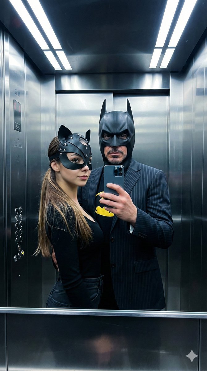 Cinematic Bat/Cat Couple Mirror Selfie with Identity Lock — output 1