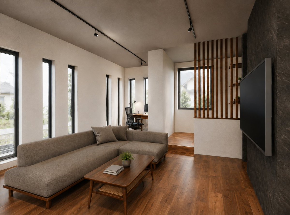 Product Marketing - Warm Modern Japanese Living Room Render — output 1
