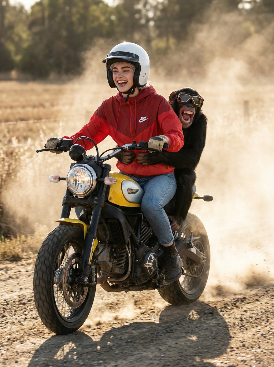 Cinematic Action Photo and Video Prompt (Woman and Chimpanzee on Motorcycle) — output 1