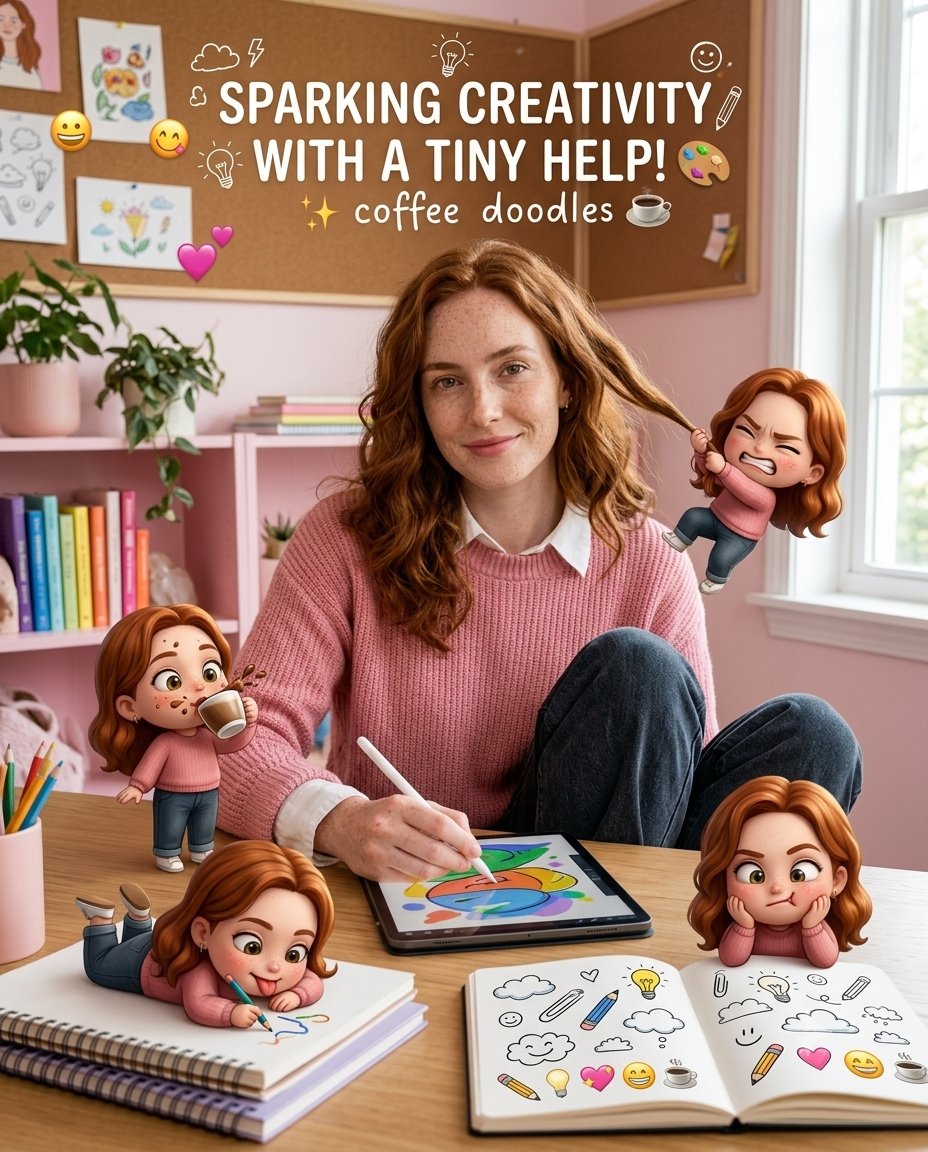 Social Media Post - Creative Woman with Chibi Mini-Versions in Pink Office — output 1