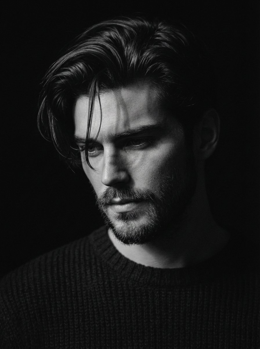 Black and White Pensive Portrait with Single Light Beam — output 1