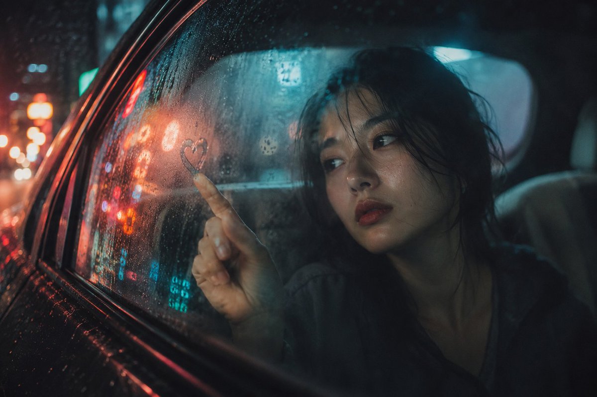 Social Media Post - Cinematic Rainy Night Car Window Portrait — output 1
