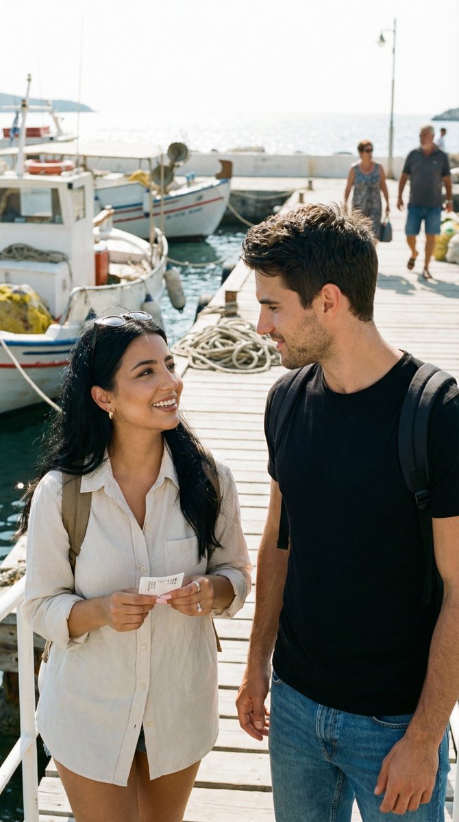 Social Media Post - Candid Travel Romance Film Still in Aegean Harbor — output 1