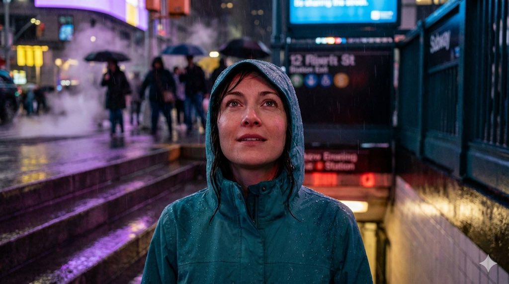 Neon Rain Subway Exit Portrait Prompt — output 1