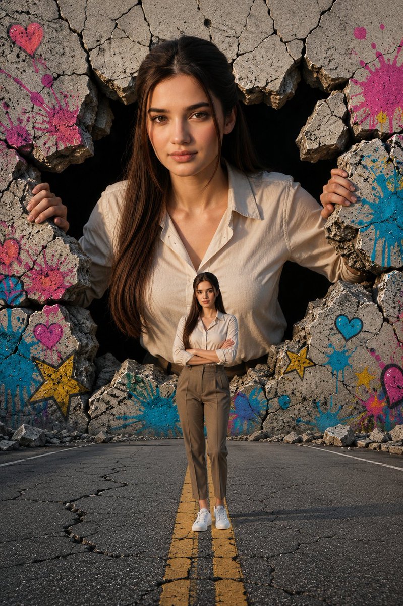 Product Marketing - Giant Woman Breaking Through Wall — output 1