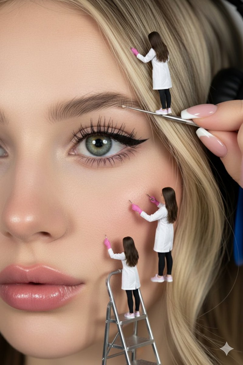 Hyper-realistic close-up of a woman's face being 'maintained' by miniature aesthetic doctors — output 1