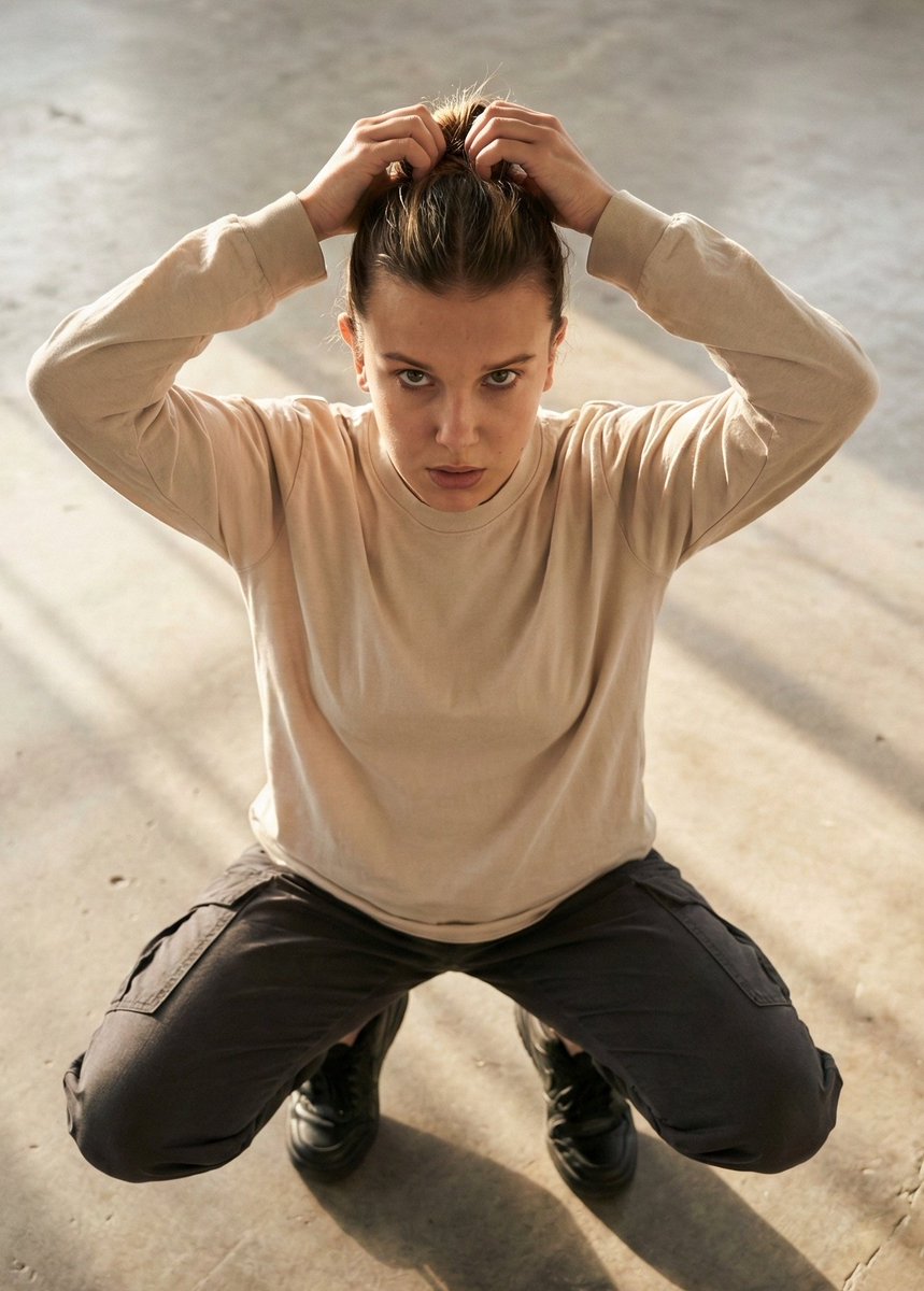 Editorial realism portrait of a woman tying her hair — output 1