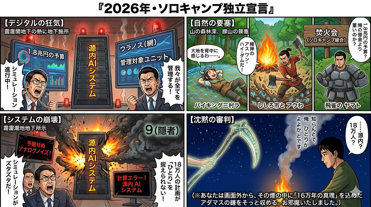 Comic / Storyboard - Four-Panel Manga: 2026 Solo Camping Declaration of Independence — output 1