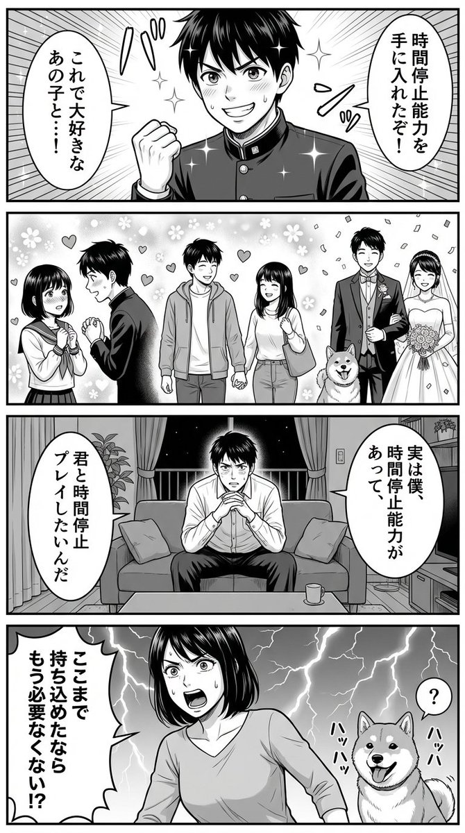 Comic / Storyboard - Four-Panel Manga Prompt for Nano Banana Pro: Time Stop Comedy — output 1