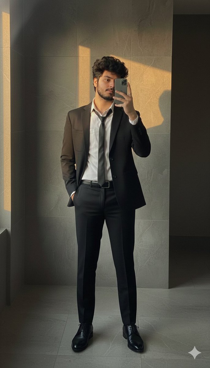 Formal Suit Mirror Selfie with Face Reference Prompt — output 1