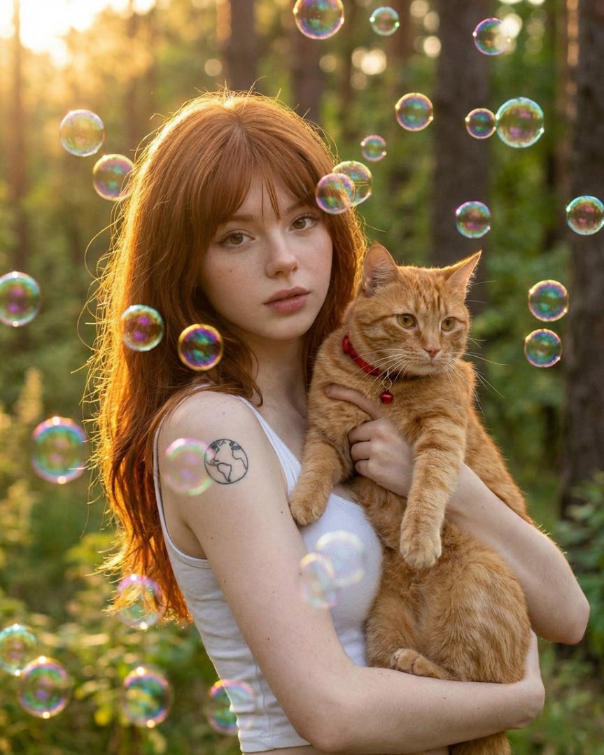 Dreamy Golden Hour Portrait with Cat and Soap Bubbles — output 1
