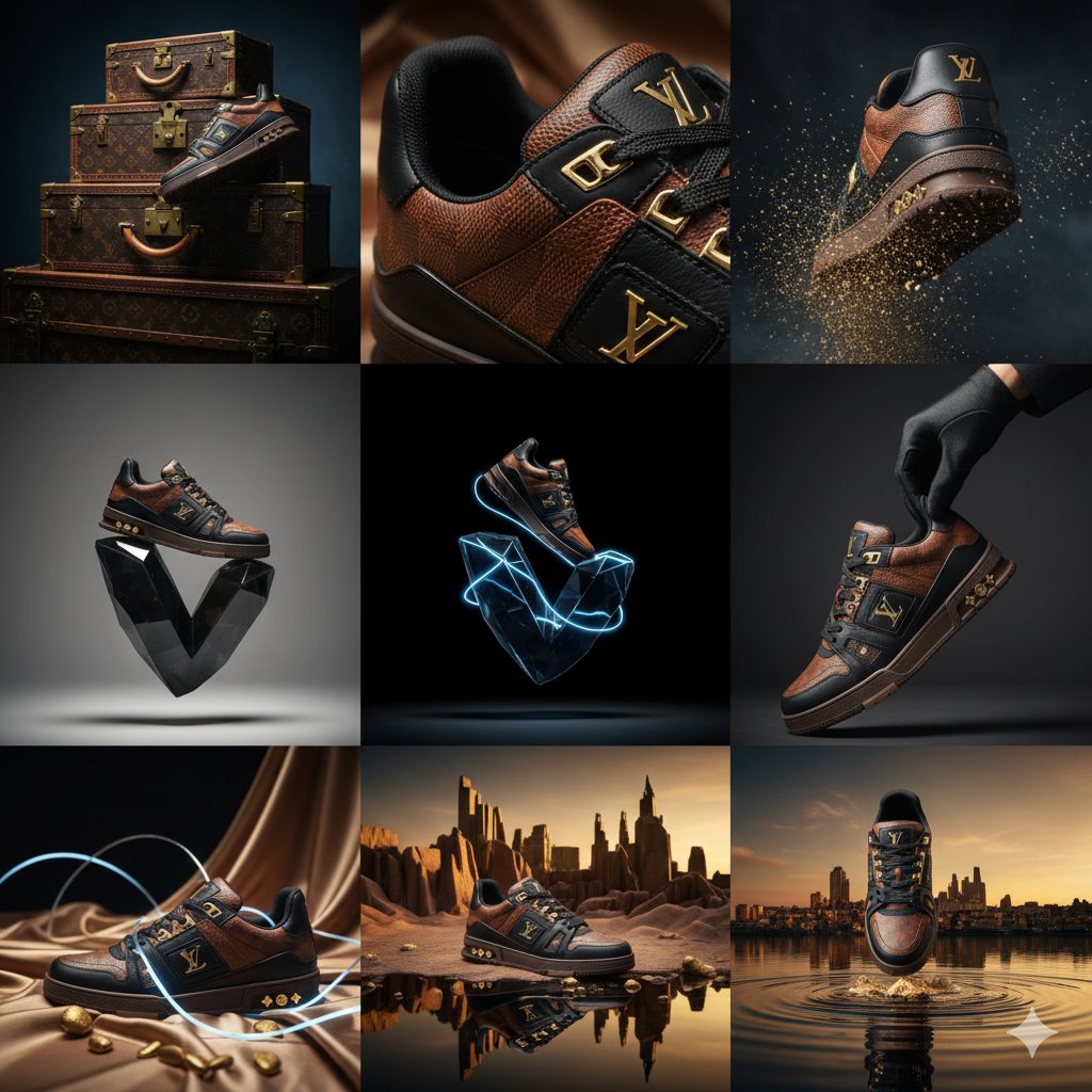 E-commerce Main Image - Louis Vuitton Sneaker Editorial Grid Prompt — output 1
