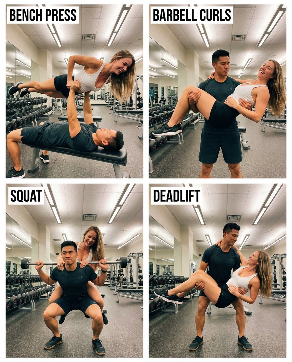 2x2 Collage of Couple Lifting Each Other in Gym — output 1