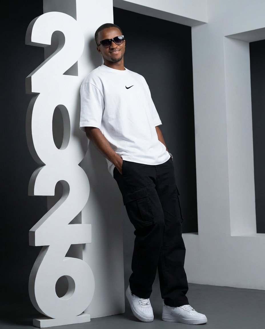 Product Marketing - Low-Angle Streetwear Portrait with Architectural Text — output 1