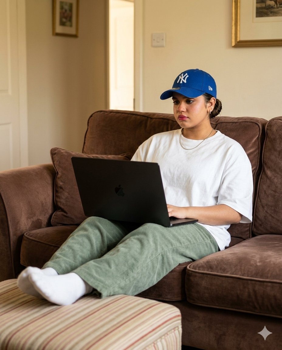 E-commerce Main Image - Cozy English Cottage Interior with Laptop — output 1