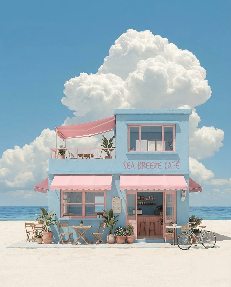 Pastel Coastal Building with Dramatic Cumulus Cloud Prompt — output 1