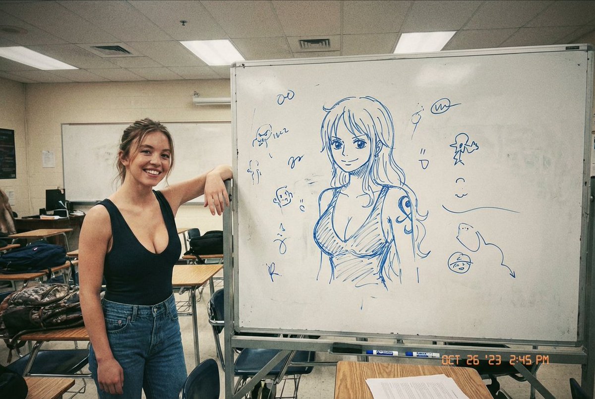 Candid Smartphone Photo: Celebrity with Whiteboard Sketch — output 1