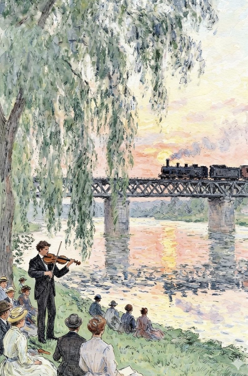 Comic / Storyboard - Watercolor Riverside Violinist at Sunset — output 1