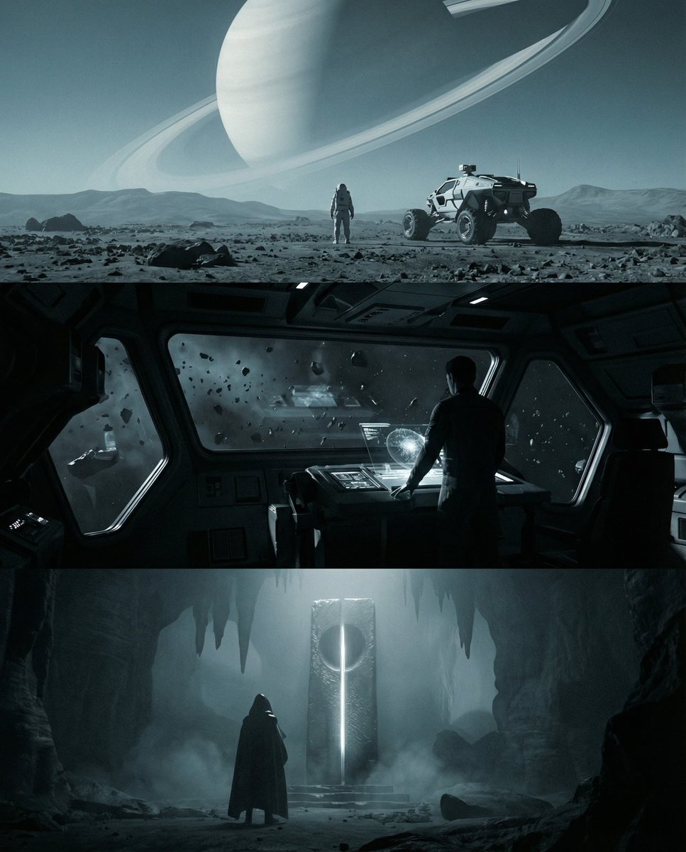 Triptych sci-fi cinematic prompt for Nano Banana Pro — output 1