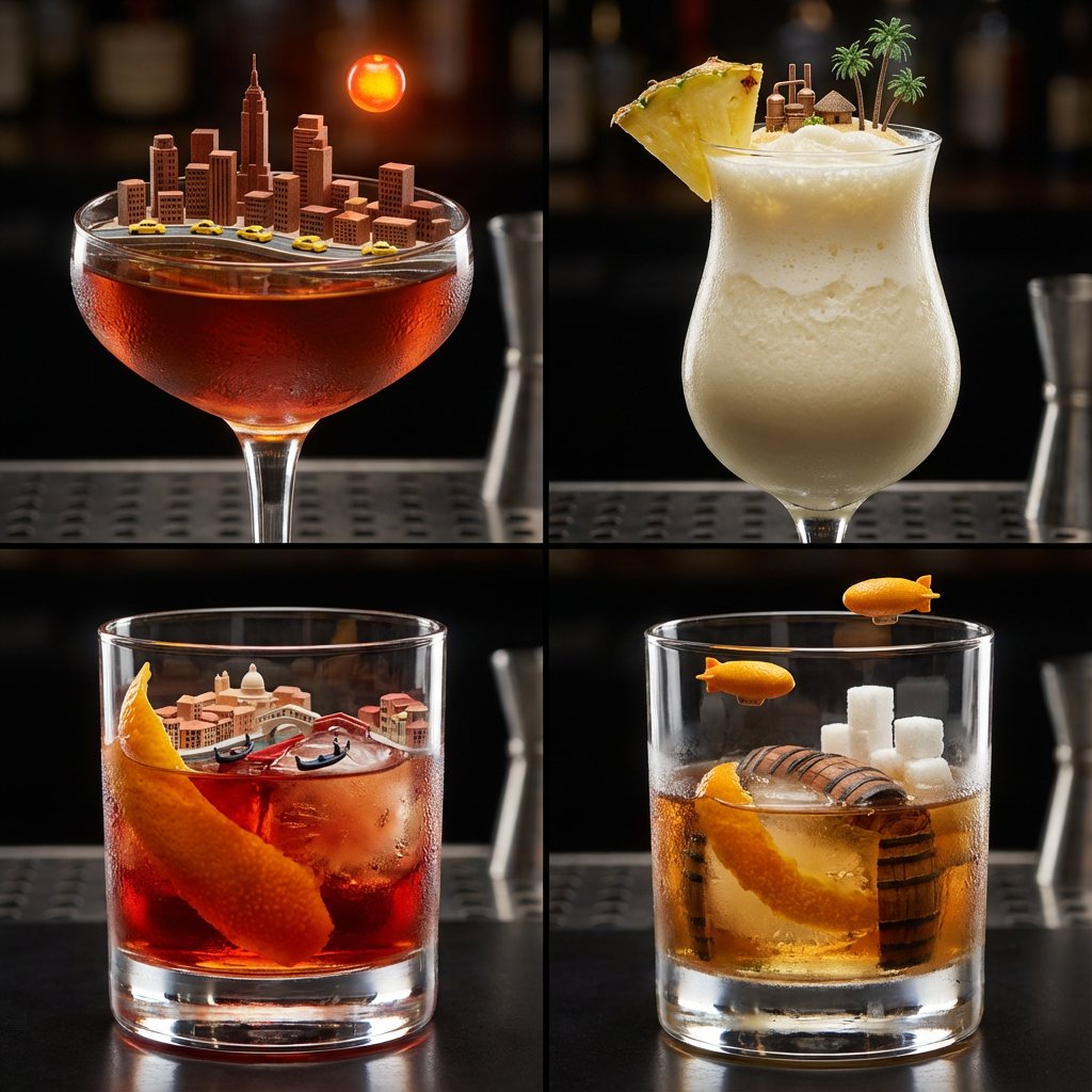 2x2 Grid of Cocktails as Tiny Living Cities — output 1