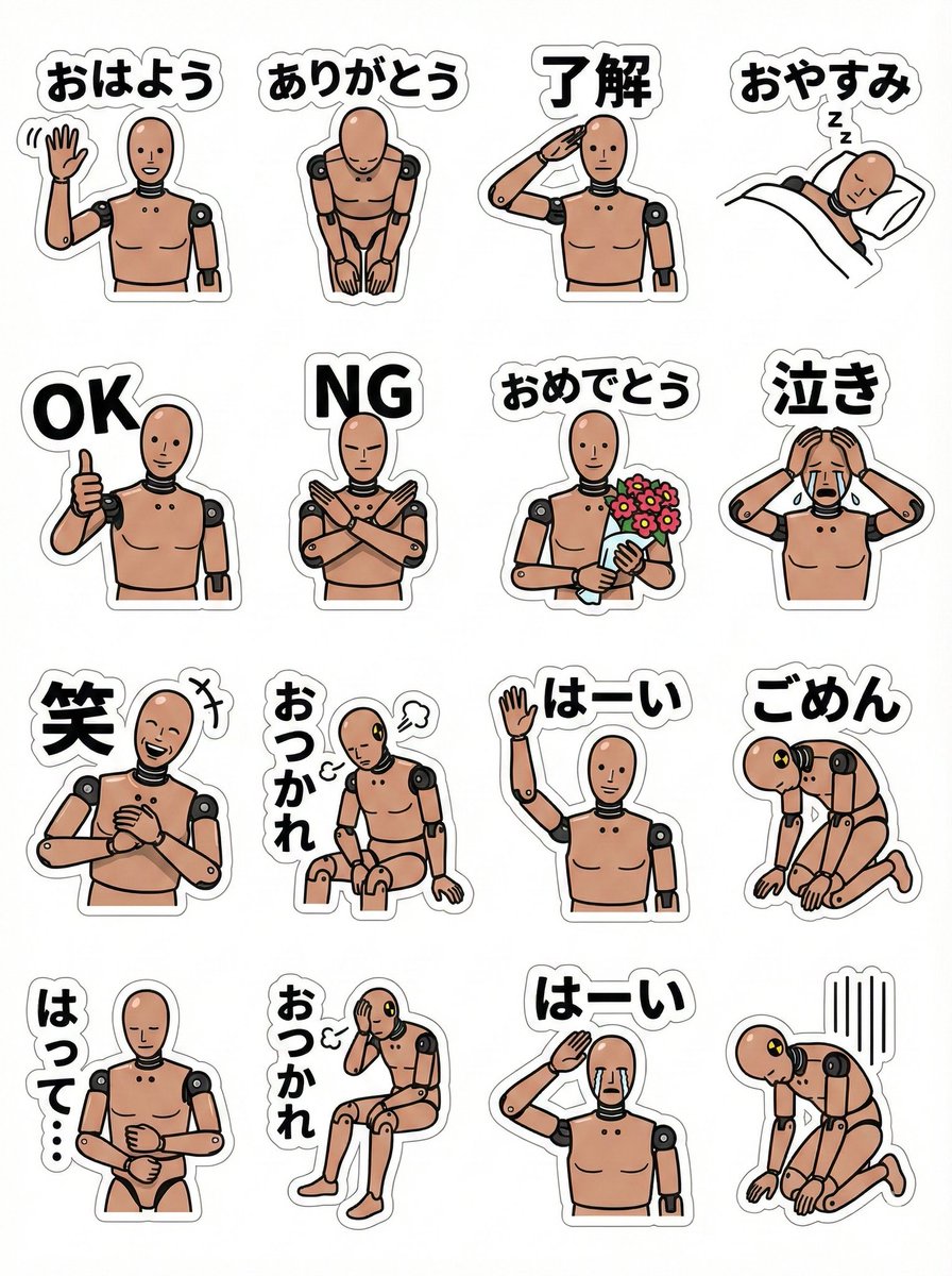 LINE sticker sheet for standing doll character (Japanese) — output 1
