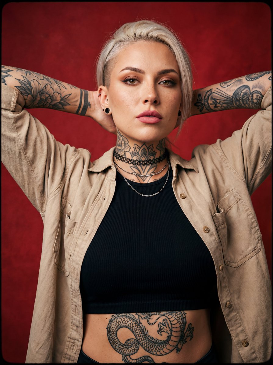Alternative tattooed woman studio portrait — output 1