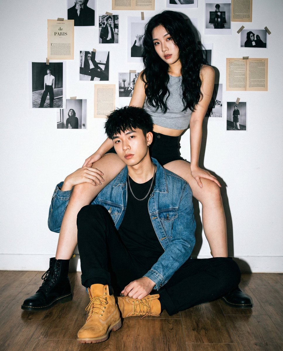 Edgy Asian Couple Portrait with Mismatched Boots and Flash Lighting — output 1