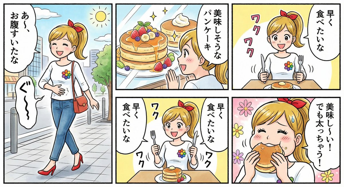 Four-panel manga about a hungry woman and pancakes — output 1