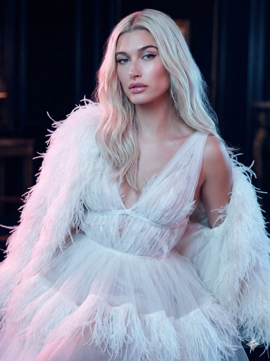High-Fashion Feather Tulle Glamour Portrait Prompt in JSON — output 1