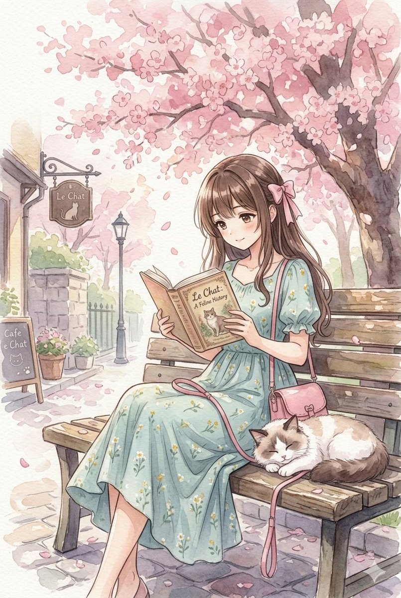 Comic / Storyboard - Watercolor Anime Girl Reading Under Cherry Blossoms — output 1