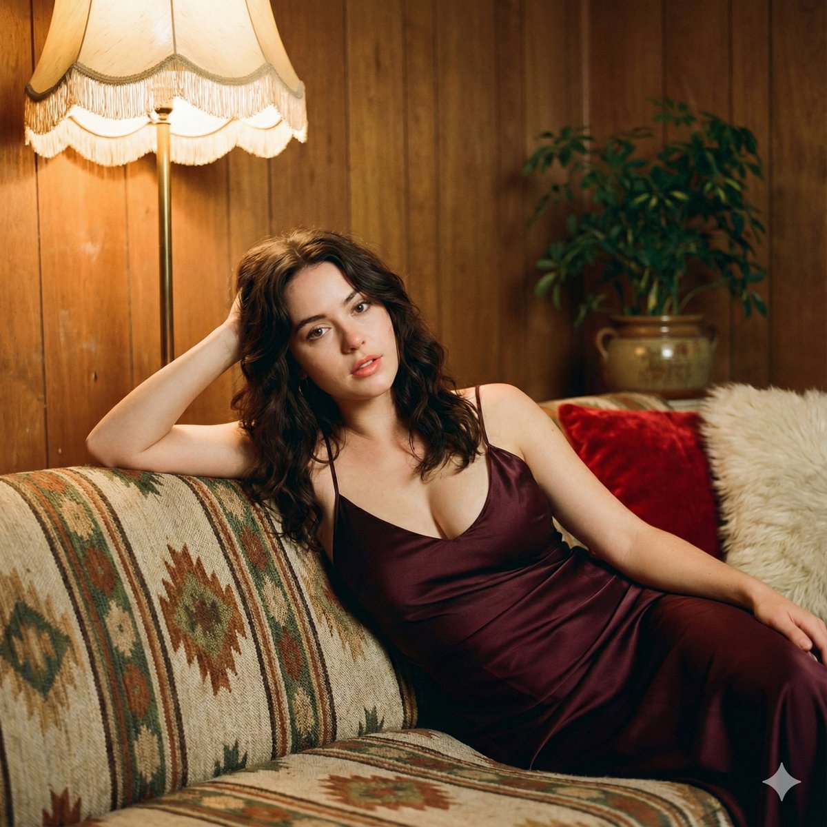 1970s Retro Cinematic Portrait in Burgundy Slip Dress — output 1