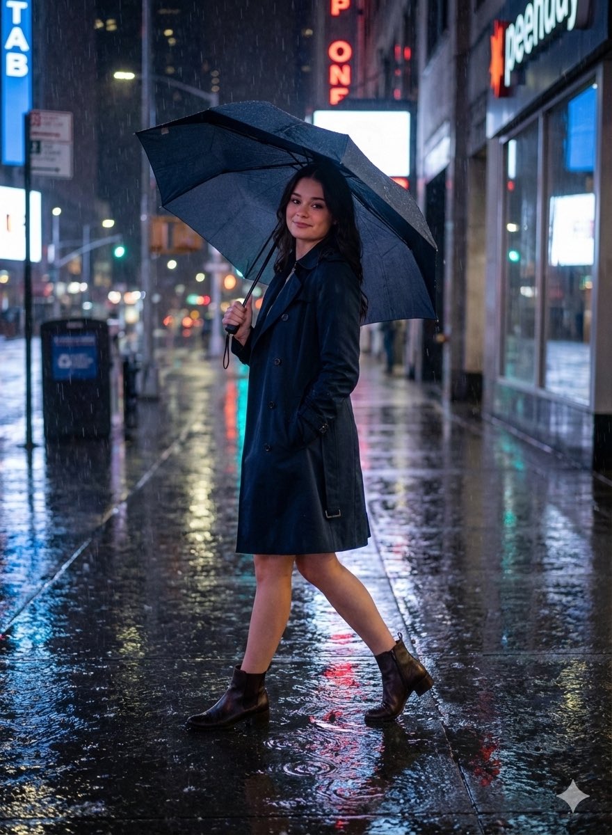 Cinematic Fashion Portrait on Rainy Street — output 1