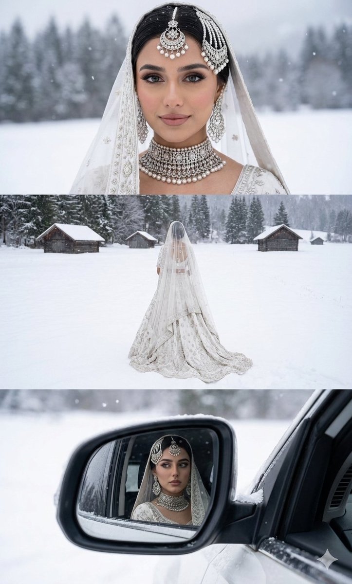 Three-Panel South Asian Bride in Snowy Landscape — output 1