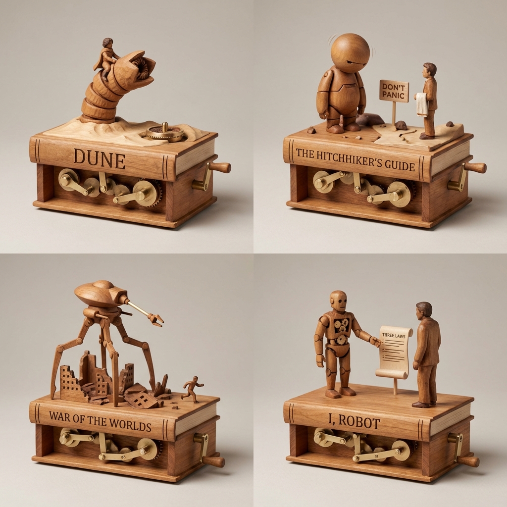 Product Marketing - Sci-Fi Book Automaton Macro Product Photography Prompt — output 1