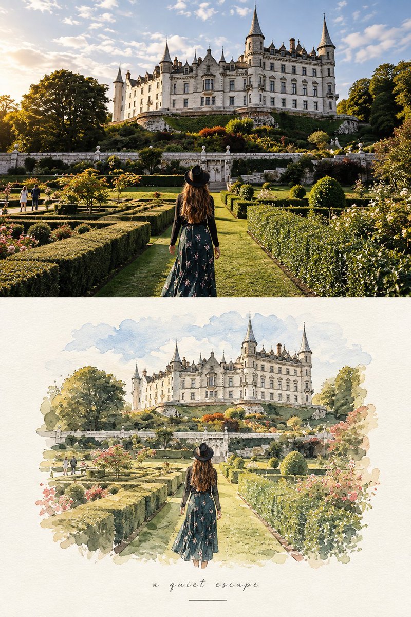 Social Media Post - Travel Photo Watercolor Split Composition Prompt — output 1