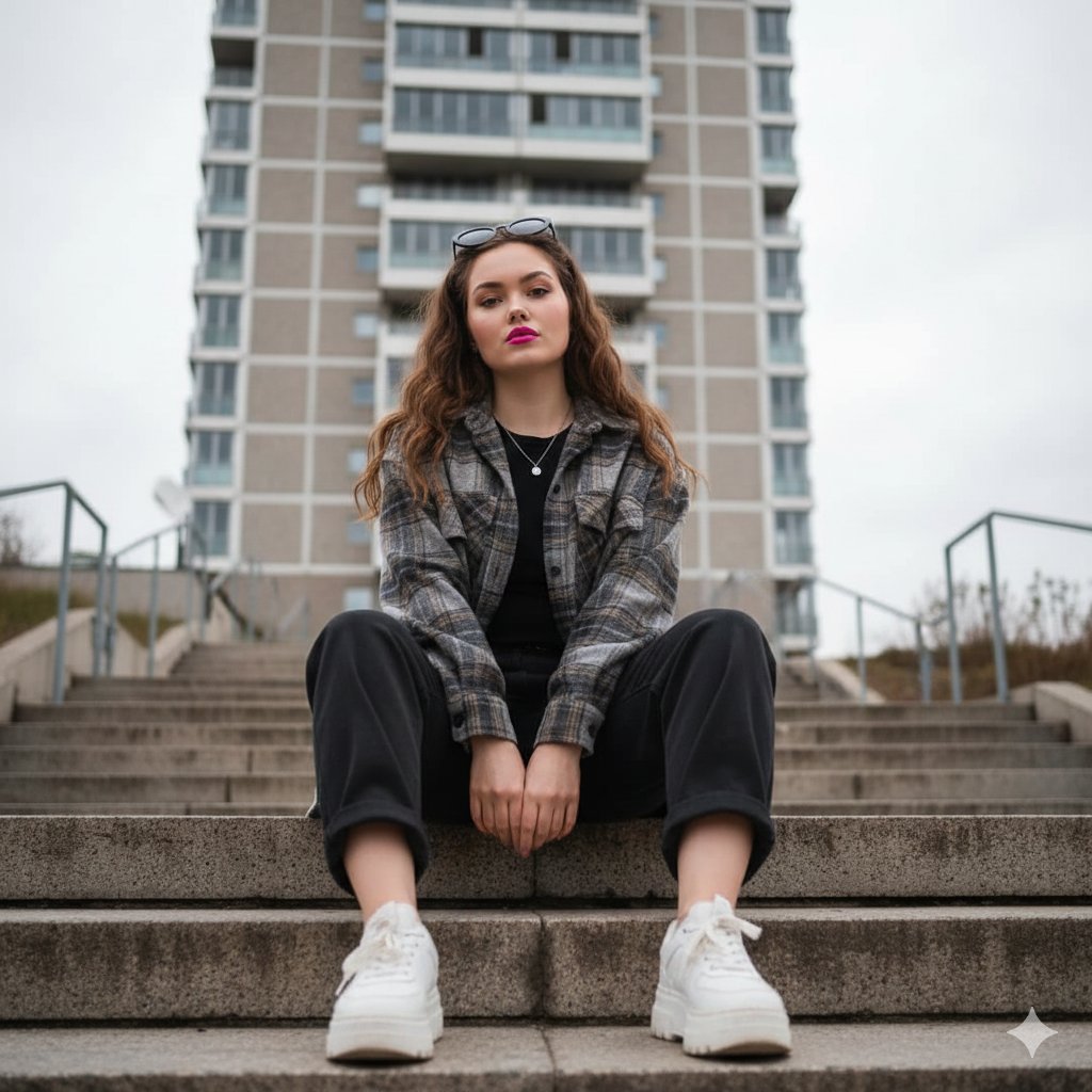 Low-Angle Full-Body Portrait on Concrete Steps — output 1