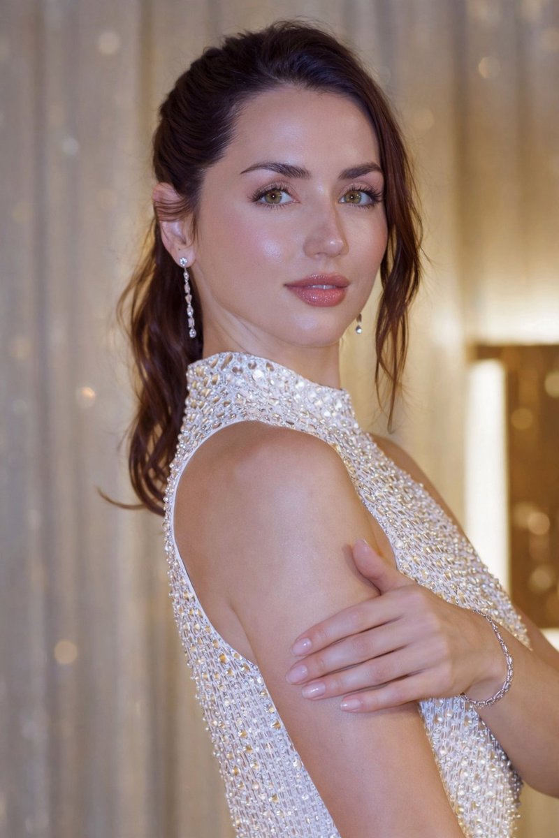 Glossy Sequined Portrait with Hand Pose — output 1