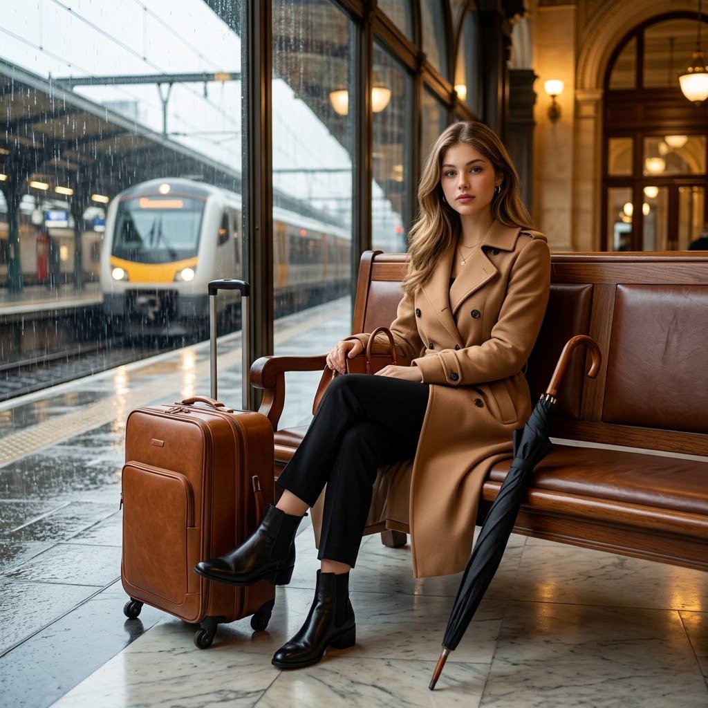 Product Marketing - Cinematic Woman Waiting for Train in Rain — output 1