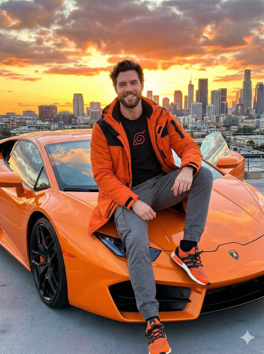 Streetwear Man on Lamborghini at Sunset — output 1